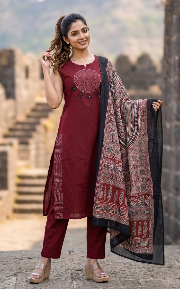 Maroon Solid Embroidered Kurta with Ajrakh Print Dupatta set
